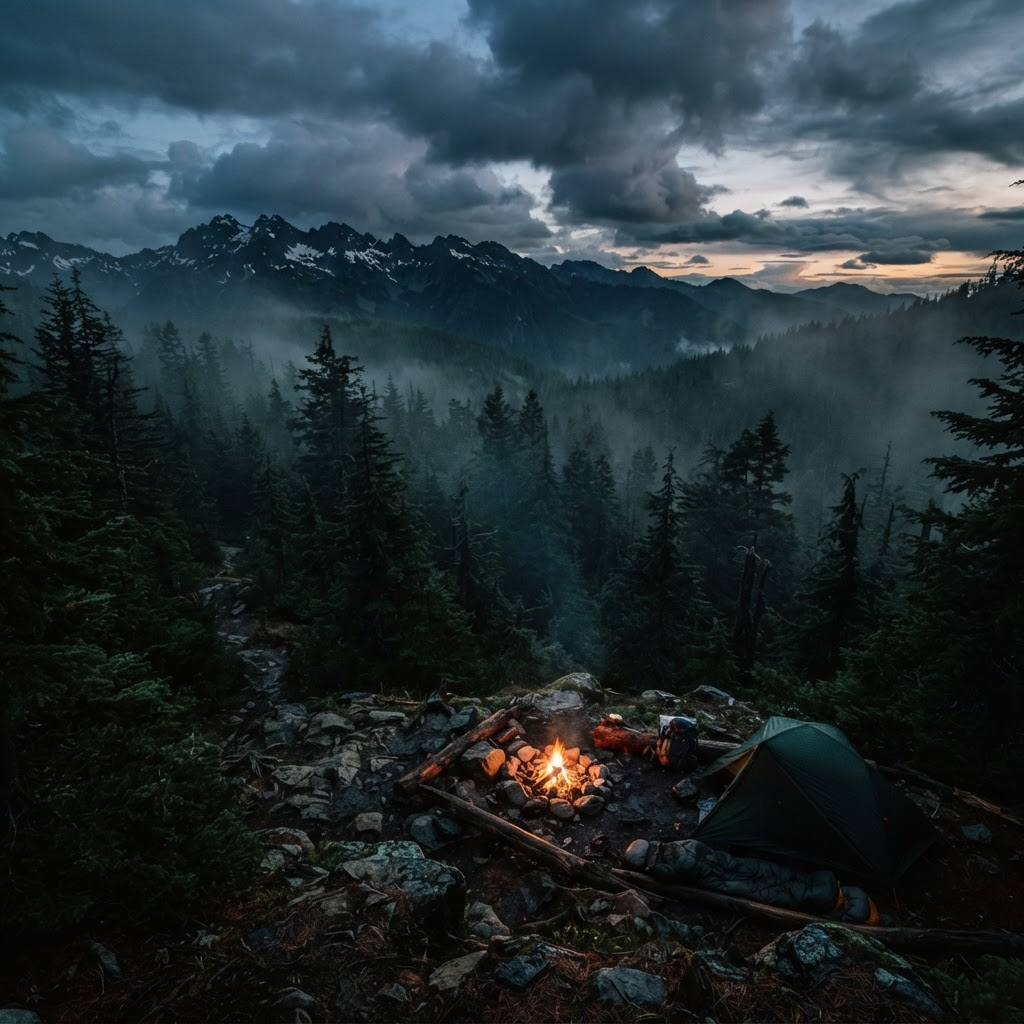 Misty pine forest at dusk with a campfire glowing in the foreground